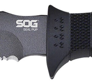 S.O.G SOGM37K Seal Pup 4.75" Fixed Clip Point Part Serrated Powder Coated AUS-8A SS Blade Black w/Raised Diamond Pattern GRN Handle Includes Sheath